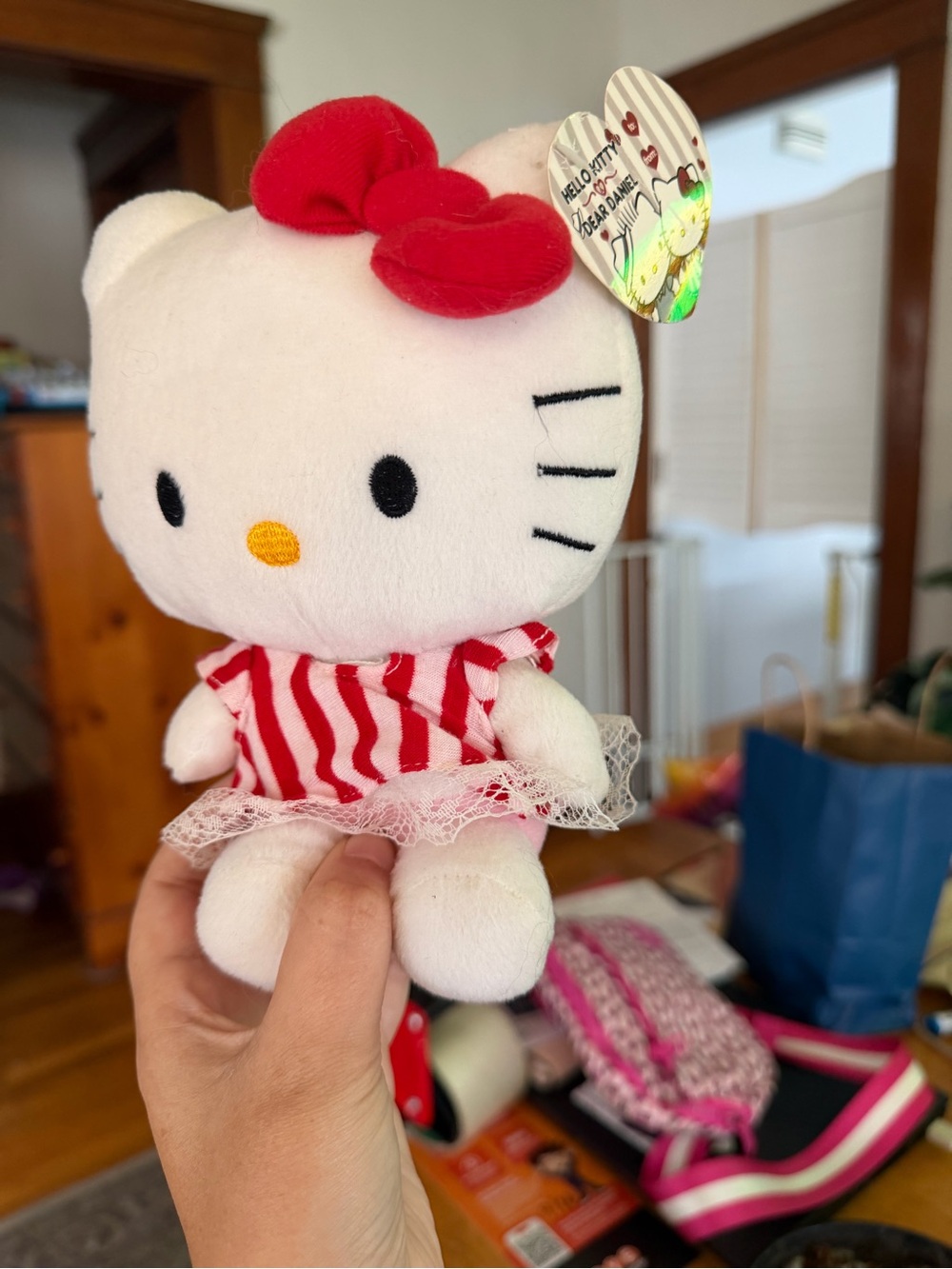 Hello Kitty Pink & Red Plush Toy - Cute Striped Dress